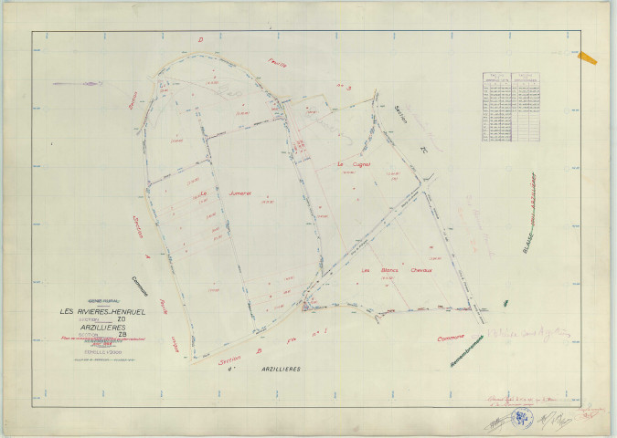 Rivières-Henruel (Les) (51463). Section ZD échelle 1/2000, plan remembré pour 1966 (extension sur Arzillières section ZB), plan régulier (papier armé)