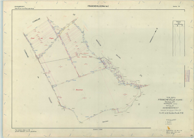Francheville (51259). Section ZK échelle 1/2000, plan remembré pour 1966 (extension sur Marson section YL), plan régulier (papier armé)