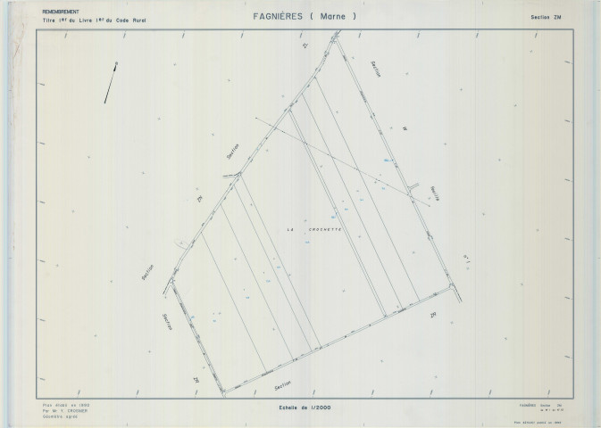 Fagnières (51242). Section ZM échelle 1/2000, plan remembré pour 1992, plan régulier (calque)
