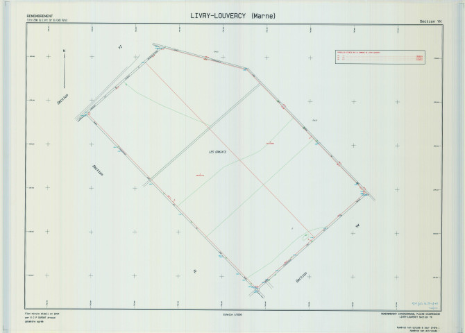 Livry-Louvercy (51326). Section YK échelle 1/2000, plan remembré pour 2004 (remembrement intercommunal de la Plaine Champenoise), plan régulier (calque)