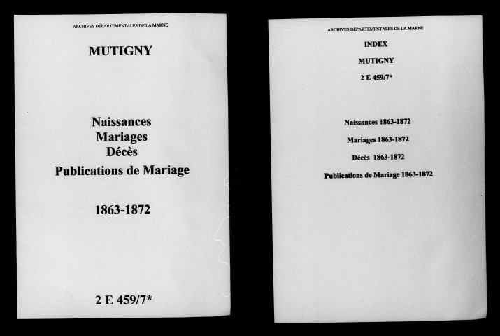 Mutigny. Naissances, mariages, décès, publications de mariage 1863-1872