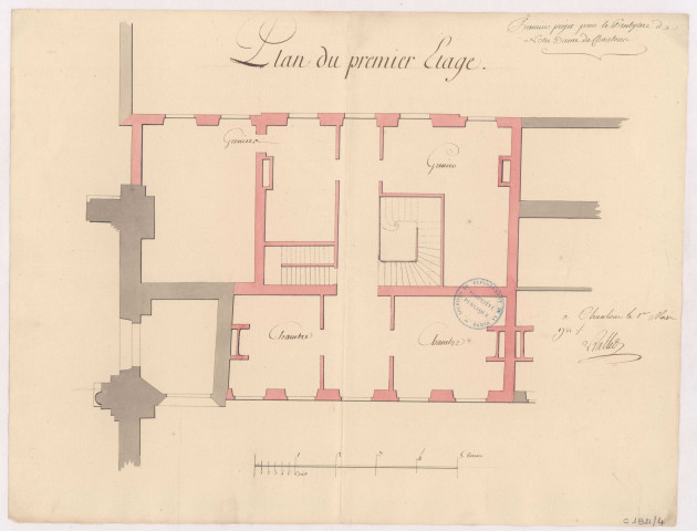 Premier projet pour le presbytère de Notre Dame de Chalons. Plan du premier étage, 1755.
