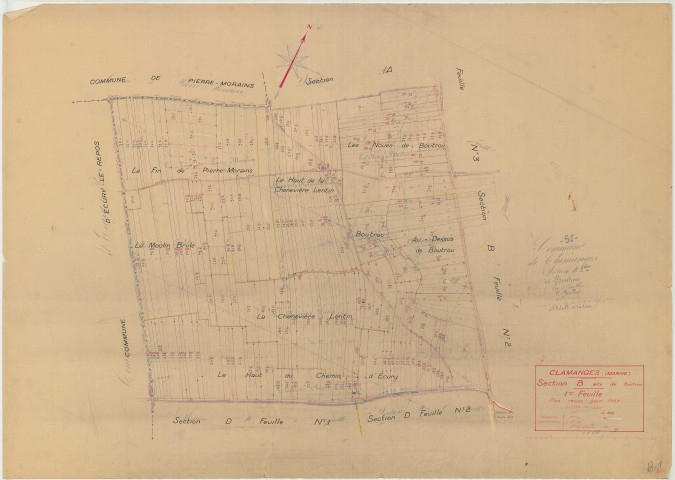 Clamanges (51154). Section B1 échelle 1/2500, plan mis à jour pour 1937, plan non régulier (papier)