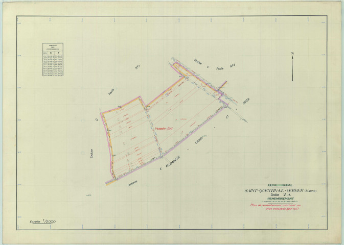 Saint-Quentin-le-Verger (51511). Section ZA échelle 1/2000, plan remembré pour 01/01/1957, régulier avant 20/03/1980 (papier armé)