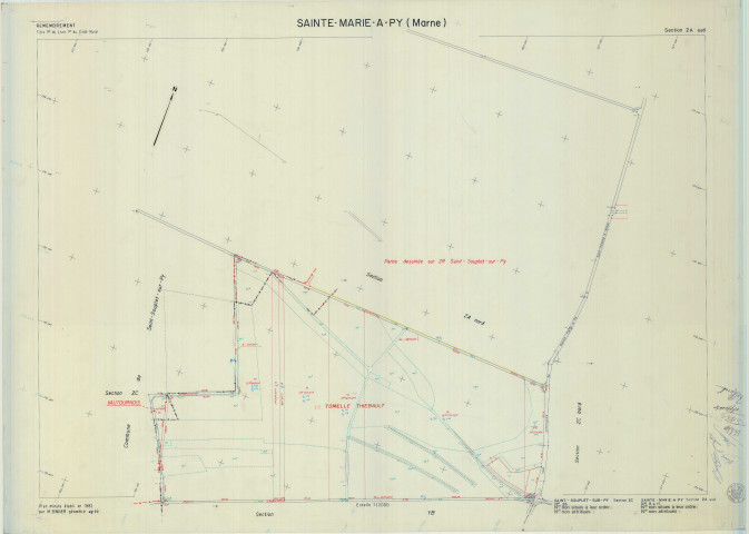 Sainte-Marie-à-Py (51501). Section ZA 2 échelle 1/2000, plan remembré pour 1982 (partie sud, extension Saint-Souplet-sur-Py section ZC), plan régulier (calque)
