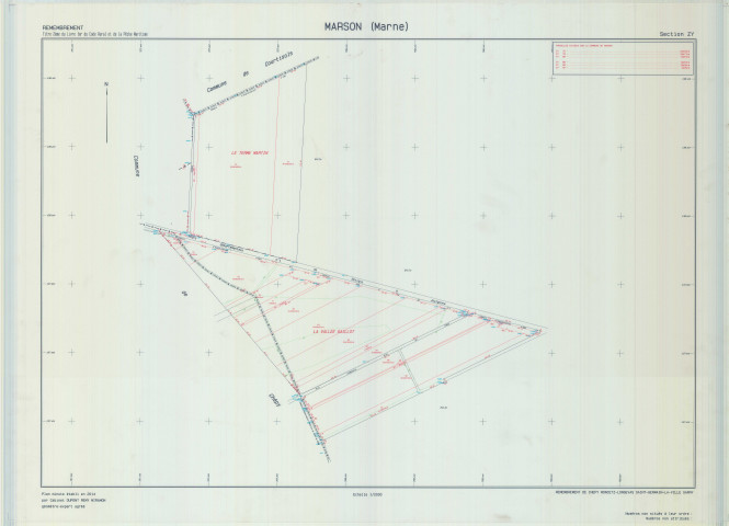 Marson (51354). Section ZY échelle 1/2000, plan remembré pour 2014 (remembrement de Chepy/Moncetz-Longevas, Saint -Germain-la-Ville et Sarry), plan régulier (calque)