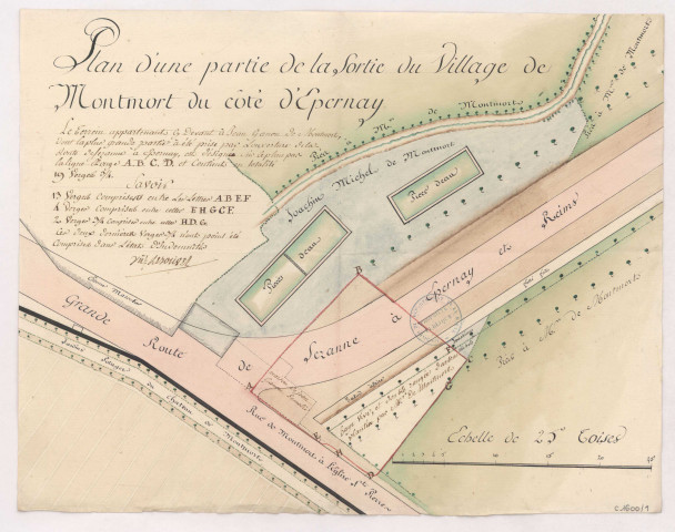 Plan d'une partie de la sortie du village de Montmort du côté d'Epernay, 1772.