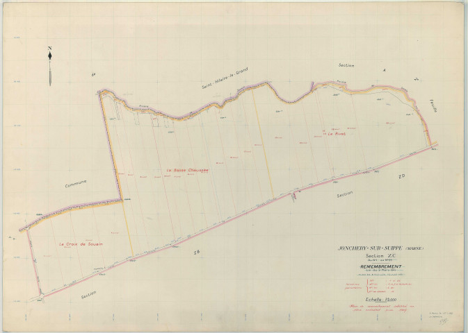 Jonchery-sur-Suippe (51307). Section ZC échelle 1/2000, plan remembré pour 1957, plan régulier (papier armé)