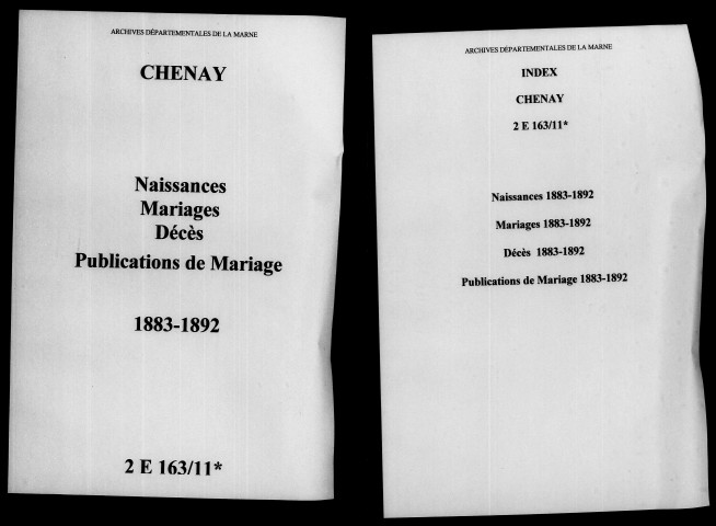 Chenay. Naissances, mariages, décès, publications de mariage 1883-1892
