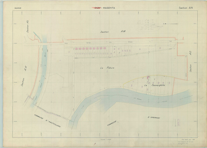 Magenta (51663). Section AN échelle 1/1000, plan renouvelé pour 1957, plan régulier (papier armé).