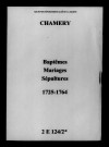Chamery. Baptêmes, mariages, sépultures 1725-1764