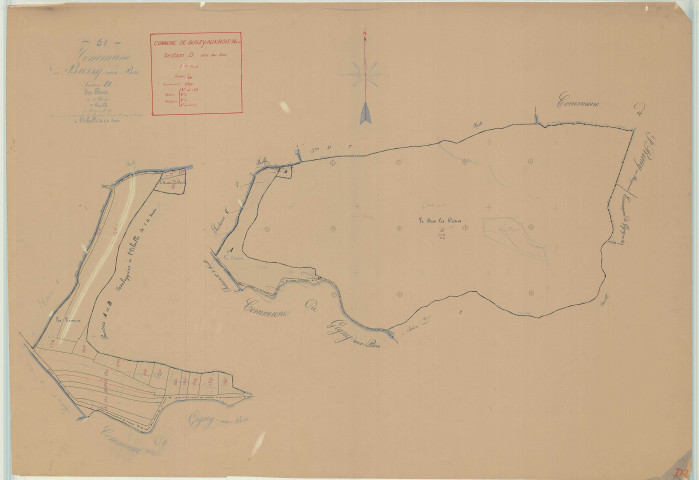 Gigny-Bussy (51270). Bussy-aux-Bois (51096). Section D2 échelle 1/4000, plan mis à jour pour 1955 (ancienne commune de Bussy-aux-Bois (51096), plan non régulier (papier)
