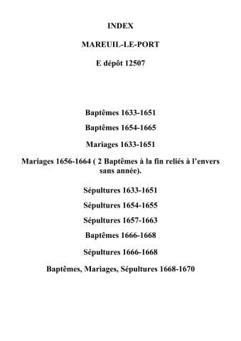 Mareuil-le-Port. Baptêmes, mariages, sépultures 1633-1670