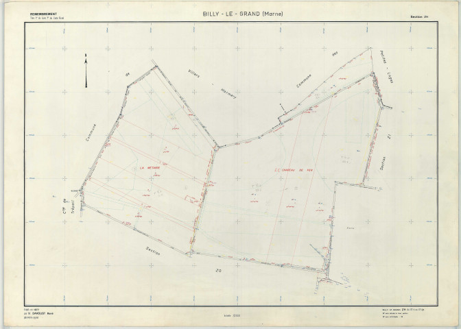 Billy-le-Grand (51061). Section ZH échelle 1/2000, plan remembré pour 1977, plan régulier (papier armé)