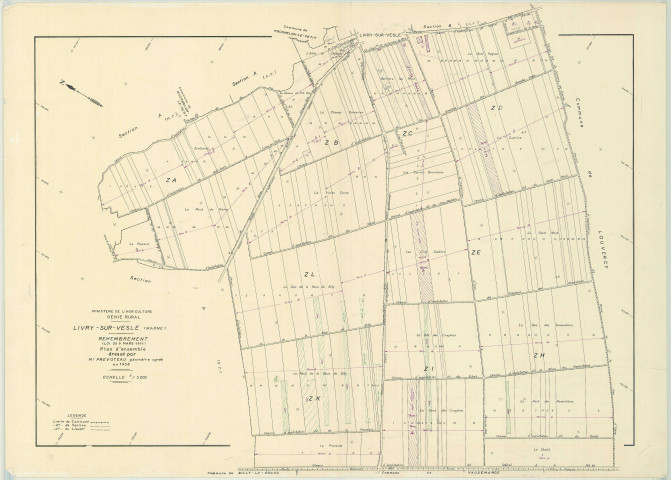 Livry-Louvercy (51326). Tableau d'assemblage 3 échelle 1/5000, plan remembré pour 1958 (ancienne commune de Livry-sur-Vesle), plan régulier (papier)