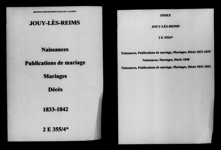 Jouy. Naissances, publications de mariage, mariages, décès 1833-1842