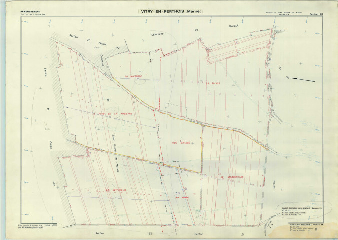 Vitry-en-Perthois (51647). Section ZK échelle 1/2000, plan remembré pour 1974 (extension sur Saint-Quentin-les-Marais ZH), plan régulier (papier armé)