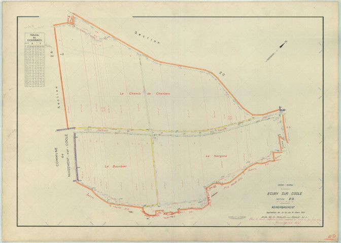 Écury-sur-Coole (51227). Section ZD échelle 1/2000, plan remembré pour 1962, plan régulier (papier armé)