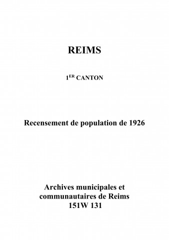 Reims, 1er canton. Dénombrement de la population 1926