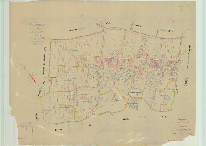 Val-de-Vesle (51571). Section C2 échelle 1/1250, plan mis à jour pour 1943, ancienne commune de Wez (51661), plan non régulier (papier).