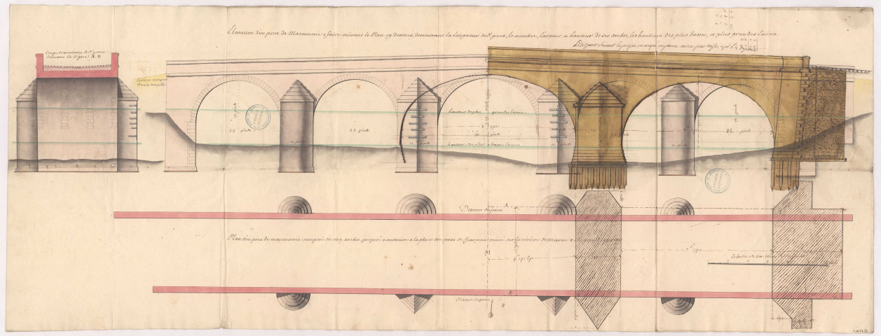 Elévation d'un pont de maçonnerie à faire suivant le plan en dessous demontrant la longueur du pont, le nombre largeur et hauteur de ses arches, 1725.