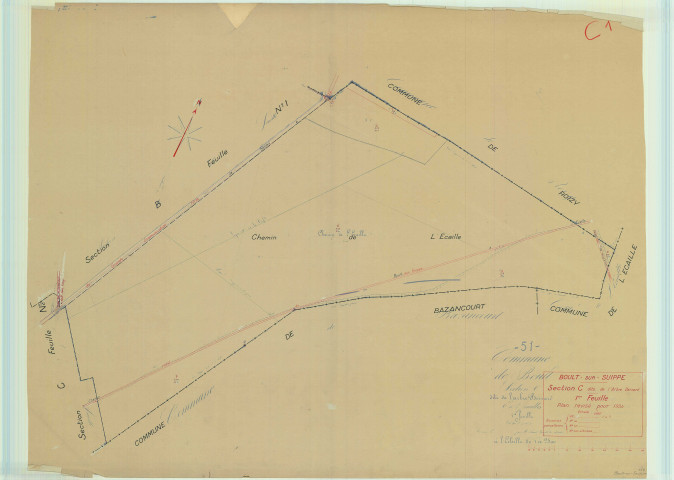 Boult-sur-Suippe (51074). Section C1 2 échelle 1/2500, plan mis à jour pour 1934, plan non régulier (papier).