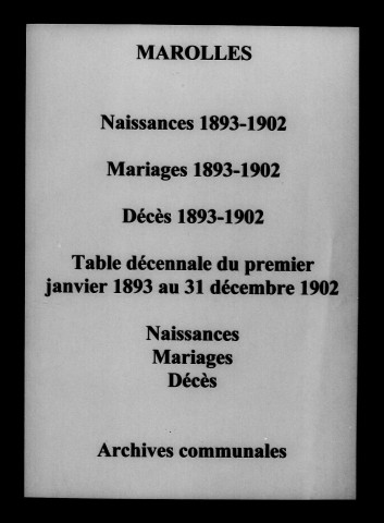 Marolles. Naissances, mariages, décès et tables décennales des naissances, mariages, décès 1893-1902