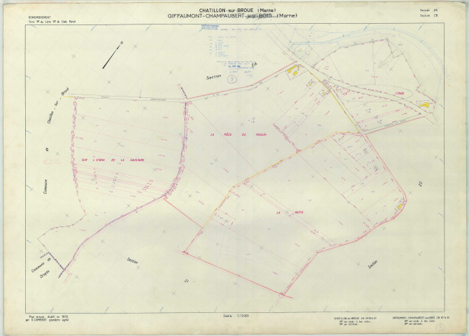 Giffaumont-Champaubert (51269). Section 269 ZB échelle 1/2000, plan remembré pour 1970 (contient extension sur Châtillon-sur-Broué section ZA), plan régulier (papier armé)