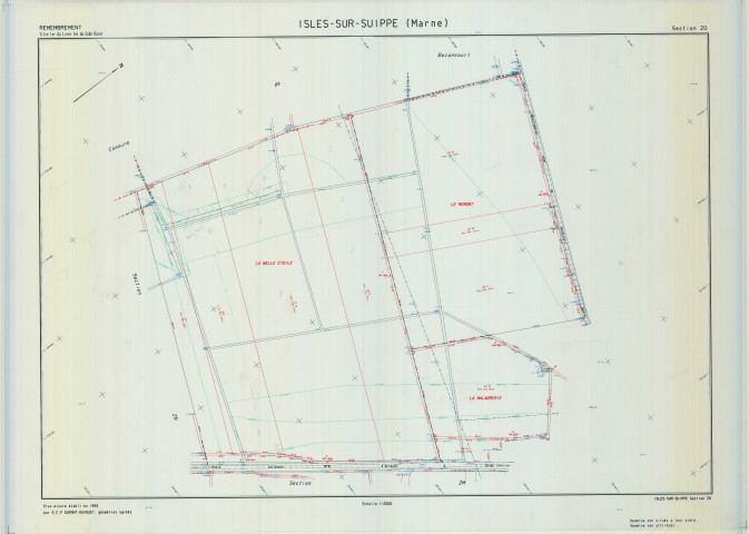 Isles-sur-Suippe (51299). Section ZO échelle 1/2000, plan remembré pour 1995, plan régulier de qualité P5 (calque).
