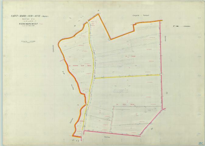 Saint-Mard-sur-Auve (51498). Section ZC échelle 1/2000, plan remembré pour 1968, plan régulier (papier armé)