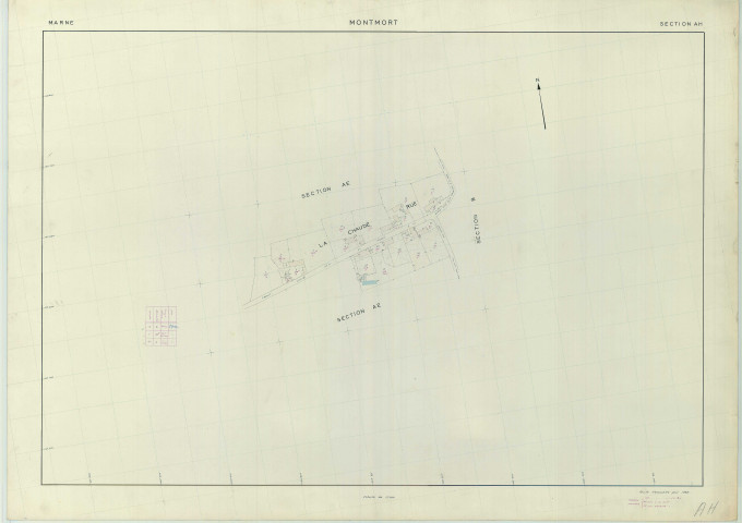 Montmort-Lucy (51381). Section AH échelle 1/1000, plan renouvelé pour 01/01/1965, régulier avant 20/03/1980 (papier armé)