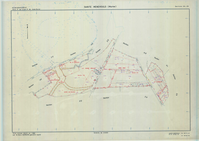 Sainte-Menehould (51507). Section ZA ZD échelle 1/2000, plan remembré pour 1984 (extension sur ZD), plan régulier (calque)