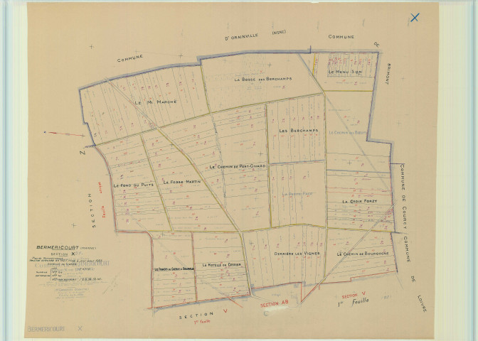 Berméricourt (51051). Section X échelle 1/2500, plan mis à jour pour 1955, plan non régulier (papier).
