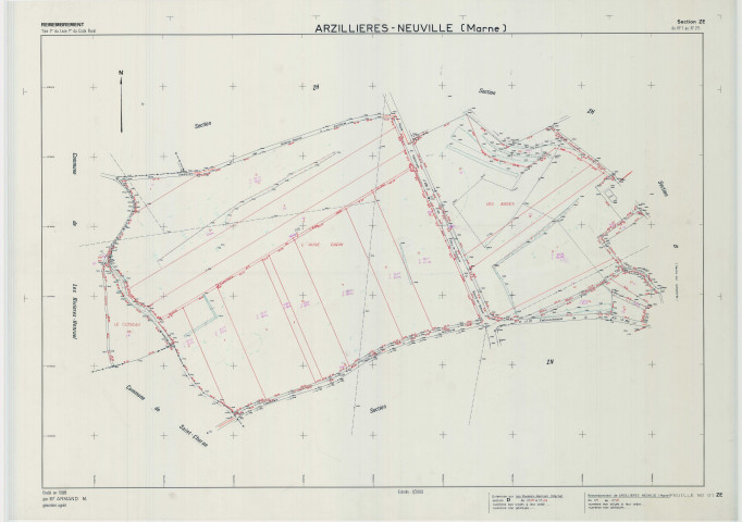 Arzillières-Neuville (51017). Section ZE échelle 1/2000, plan remembré pour 1988 (extension sur les Rivères-Henruel ZB), plan régulier (calque)