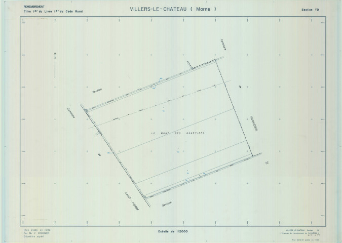 Villers-le-Château (51634). Section YD échelle 1/2000, plan remembré pour 1992, plan régulier (calque)