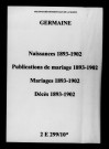 Germaine. Naissances, publications de mariage, mariages, décès 1893-1902