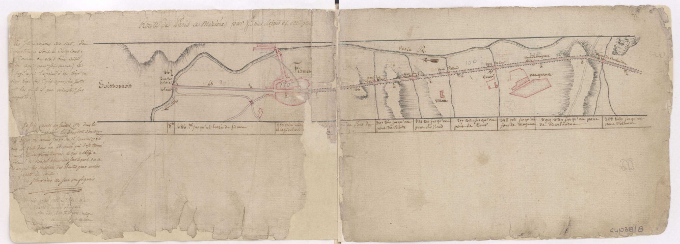 Cartes itineraires grandes routes, 1786 : Route de Paris à Mézières par Fismes Reims et Rethel, de Fismes à Magneux.