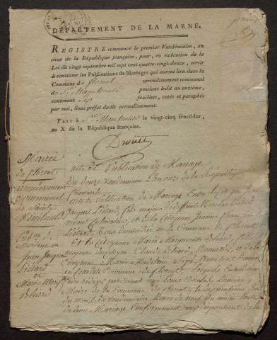 Florent-en-Argonne. Publications de mariage an XI-1926