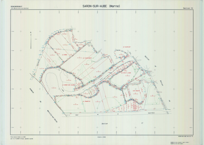 Saron-sur-Aube (51524). Section YO échelle 1/2000, plan remembré pour 01/01/2000, plan régulier de qualité P5 (calque)