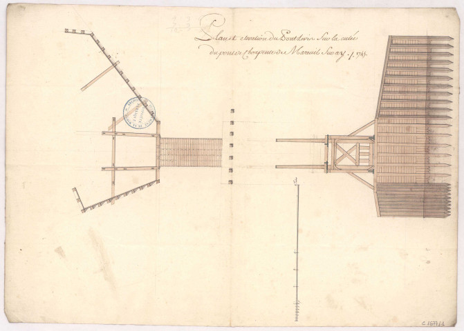 Plan élévation d'un pont de charpente sur la rivière de Marne à Mareuil sur Ay, 1745.