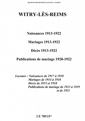Witry-lès-Reims. Naissances, mariages, décès, publications de mariage 1913-1922