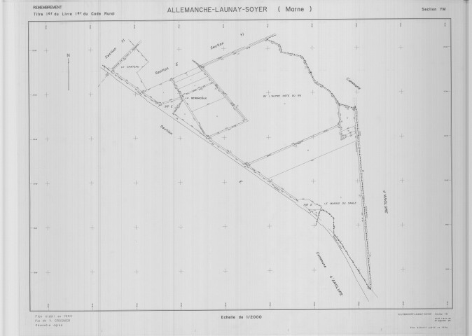 Allemanche-Launay-et-Soyer (51004). Section YM échelle 1/2000, plan remembré pour 01/01/1994, plan régulier de qualité P5 (calque)