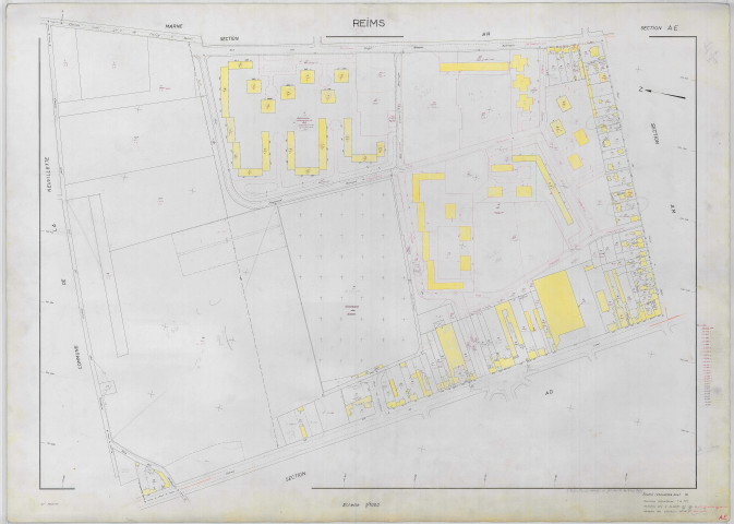 Reims (51454). Section AE échelle 1/1000, plan renouvelé pour 1968, plan régulier (papier armé).