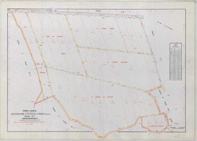 Allemanche-Launay-et-Soyer (51004). Section ZC échelle 1/2000, plan remembré pour 01/01/1957, plan régulier de qualité P5 (papier armé)