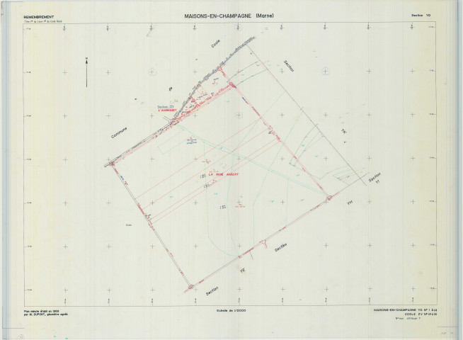 Maisons-en-Champagne (51340). Section YD échelle 1/2000, plan remembré pour 1989 (extension sur Coole section ZV), plan régulier (calque)