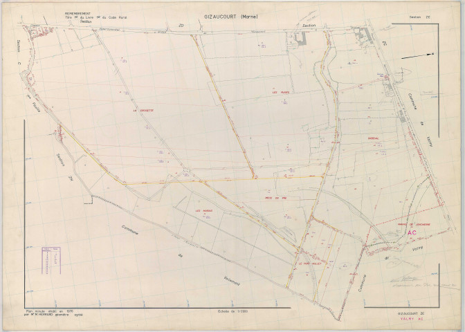 Gizaucourt (51274). Section ZE échelle 1/2000, plan remembré pour 1970 (extension sur Valmy section AC), plan régulier (papier armé)