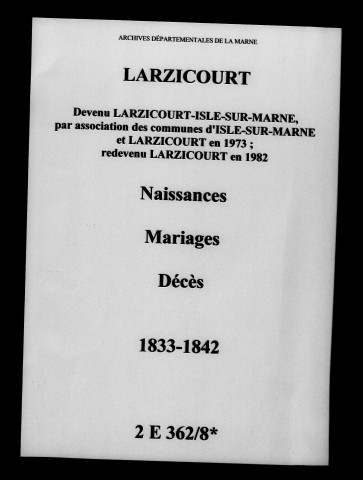 Larzicourt. Naissances, mariages, décès 1833-1842