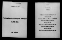 Vincelles. Publications de mariage, mariages an XI-1862