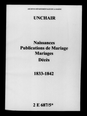Unchair. Naissances, publications de mariage, mariages, décès 1833-1842