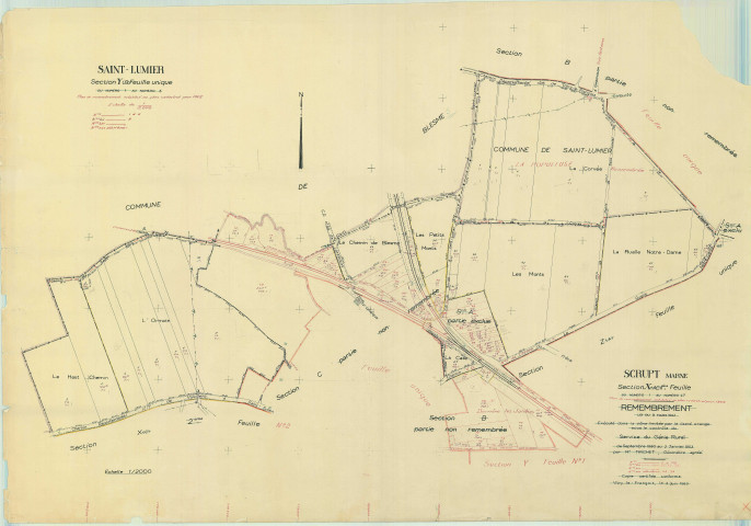 Scrupt (51528). Section X1 échelle 1/2000, plan remembré pour 1955 (extention sur Saint-Lumier section Y), plan régulier (papier)